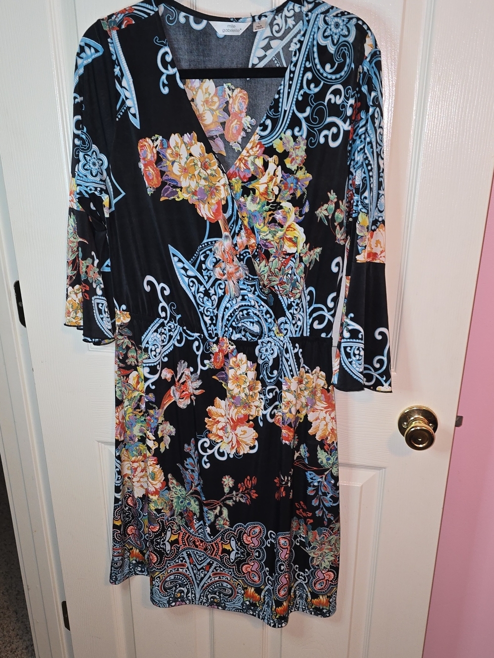 Mlle Gabrielle Black Midi Wrap Dress with Blue Paisley and Multicolor Floral